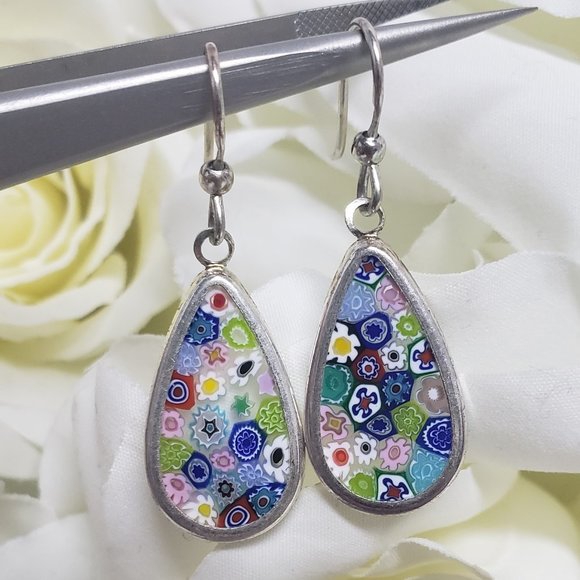 Italian Murano Glass Millefiori Dangle Earrings in 925 Silver - Picture 1 of 3